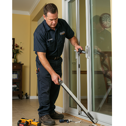 Technician removing sliding glass door from frame to clean rollers and track during repair in Houston.
